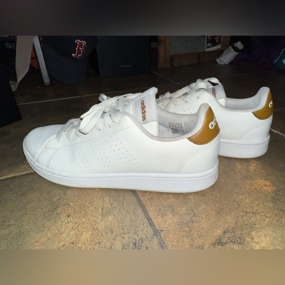 Women’s Adidas Advantage White and Gold Sneakers